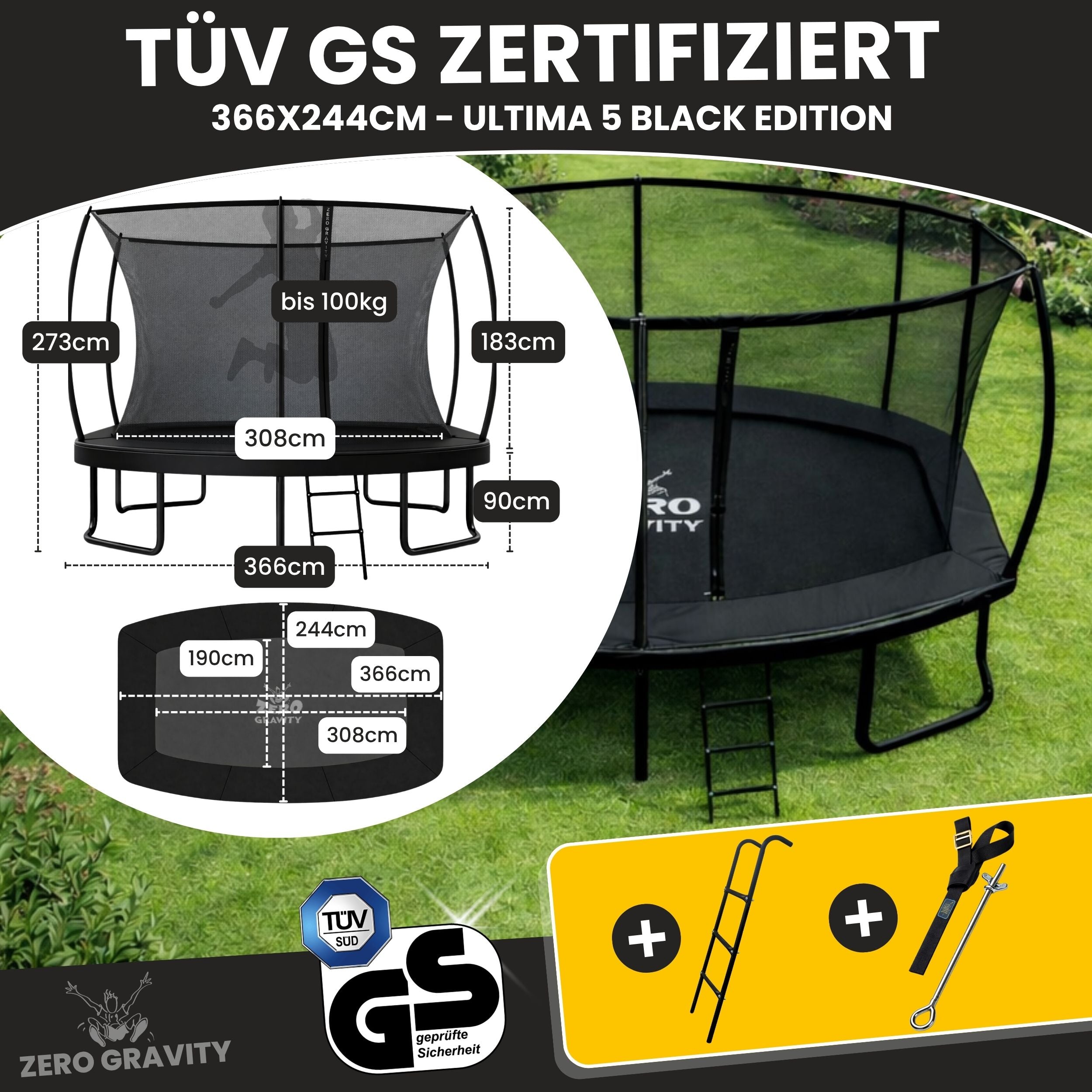 Zero Gravity Trampolin 366x244cm inkl. Leiter & Bodenanker - Nutzer bis 130kg
