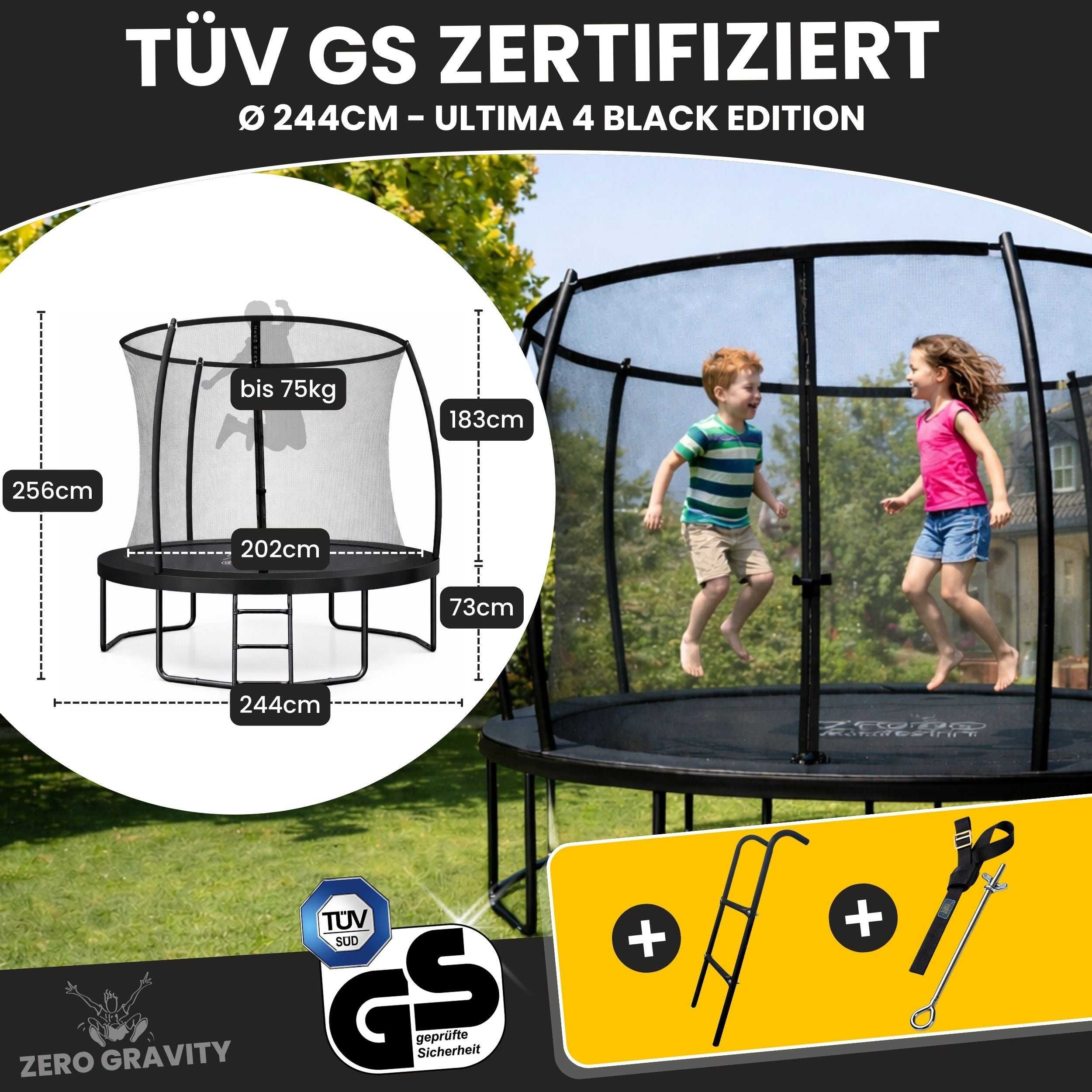 Zero Gravity Trampolin Ø 244 cm inkl. Leiter & Bodenanker - Nutzer bis 75kg