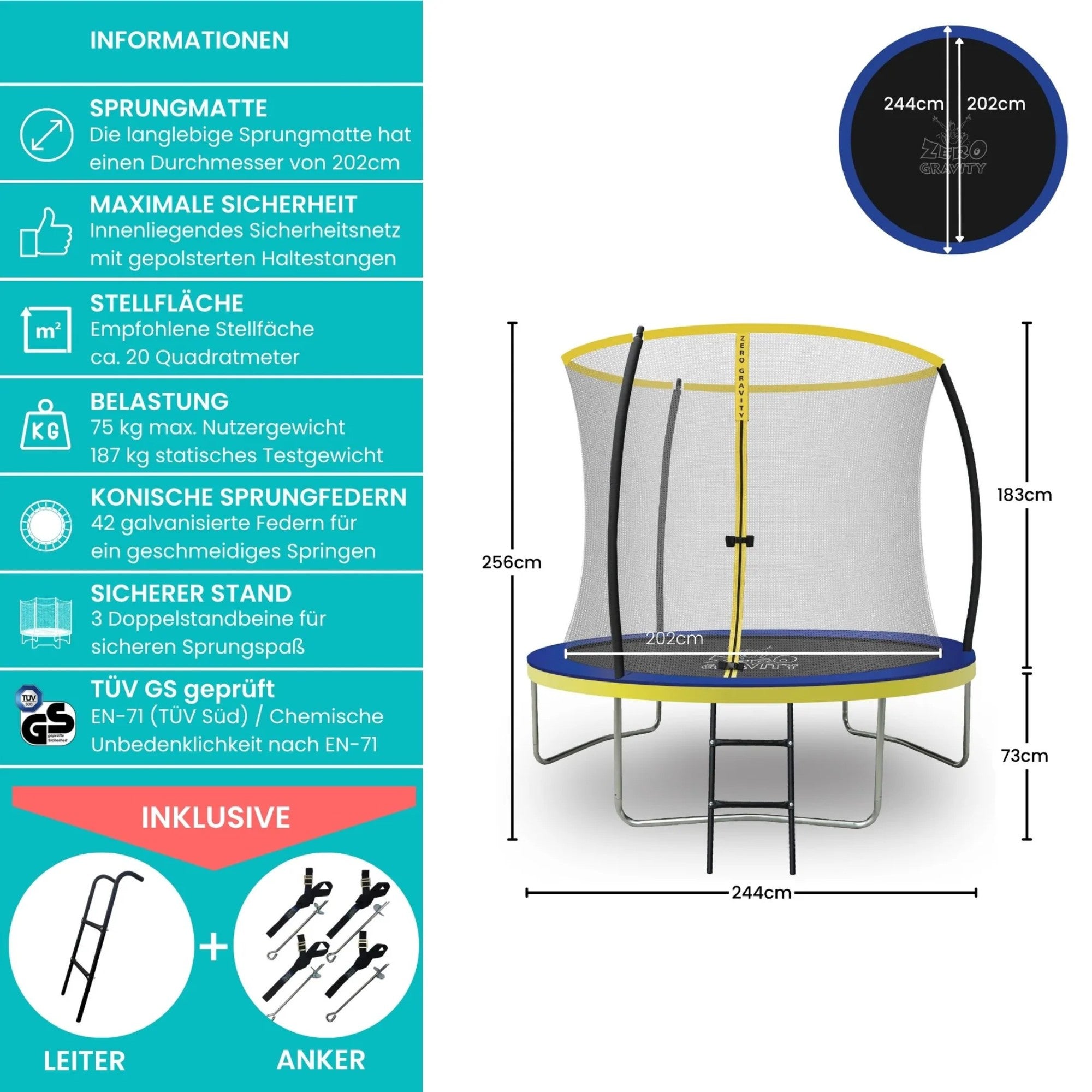Zero Gravity Trampolin Ø 244 cm inkl. Leiter & Bodenanker - Nutzer bis 75kg