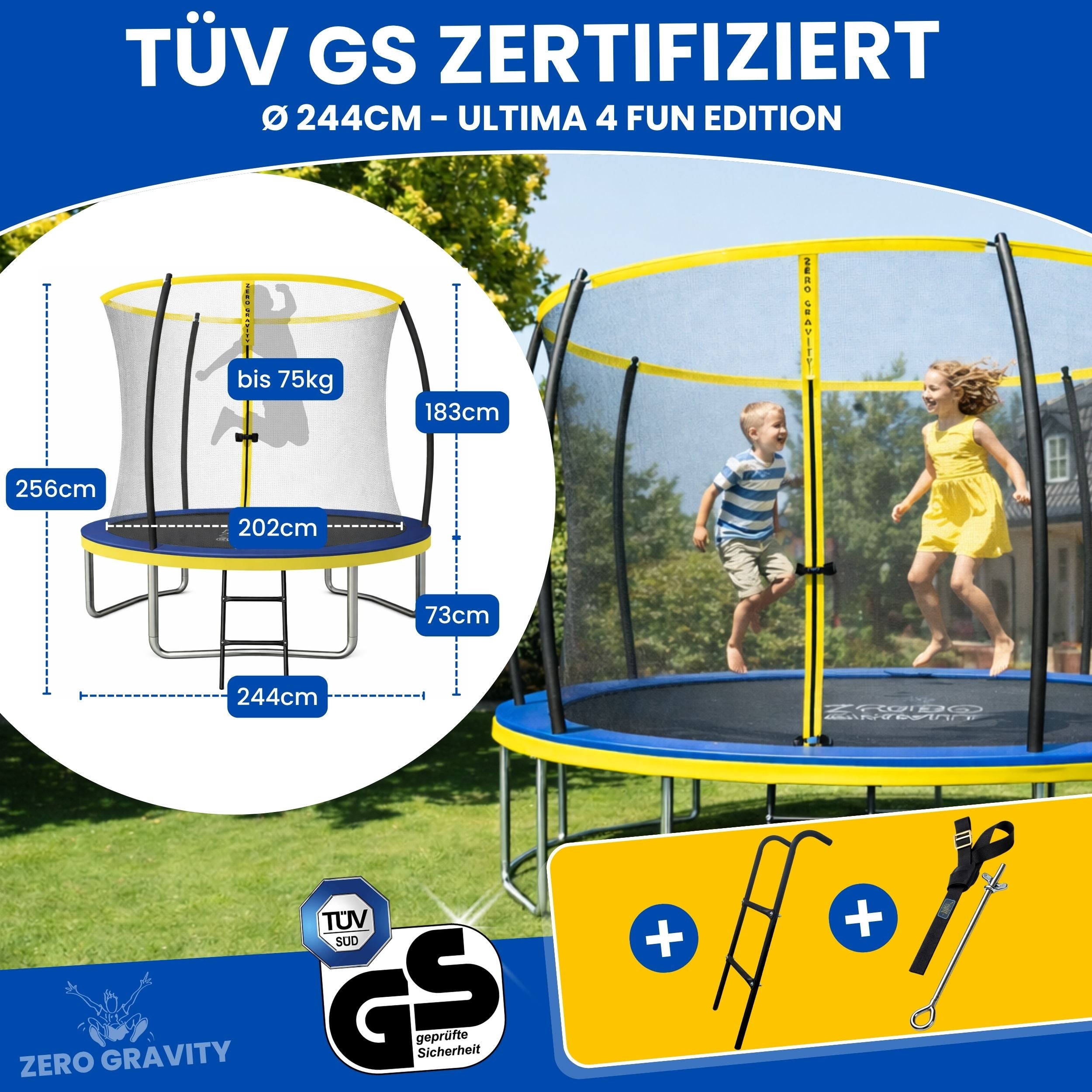 Zero Gravity Trampolin Ø 244 cm inkl. Leiter & Bodenanker - Nutzer bis 75kg