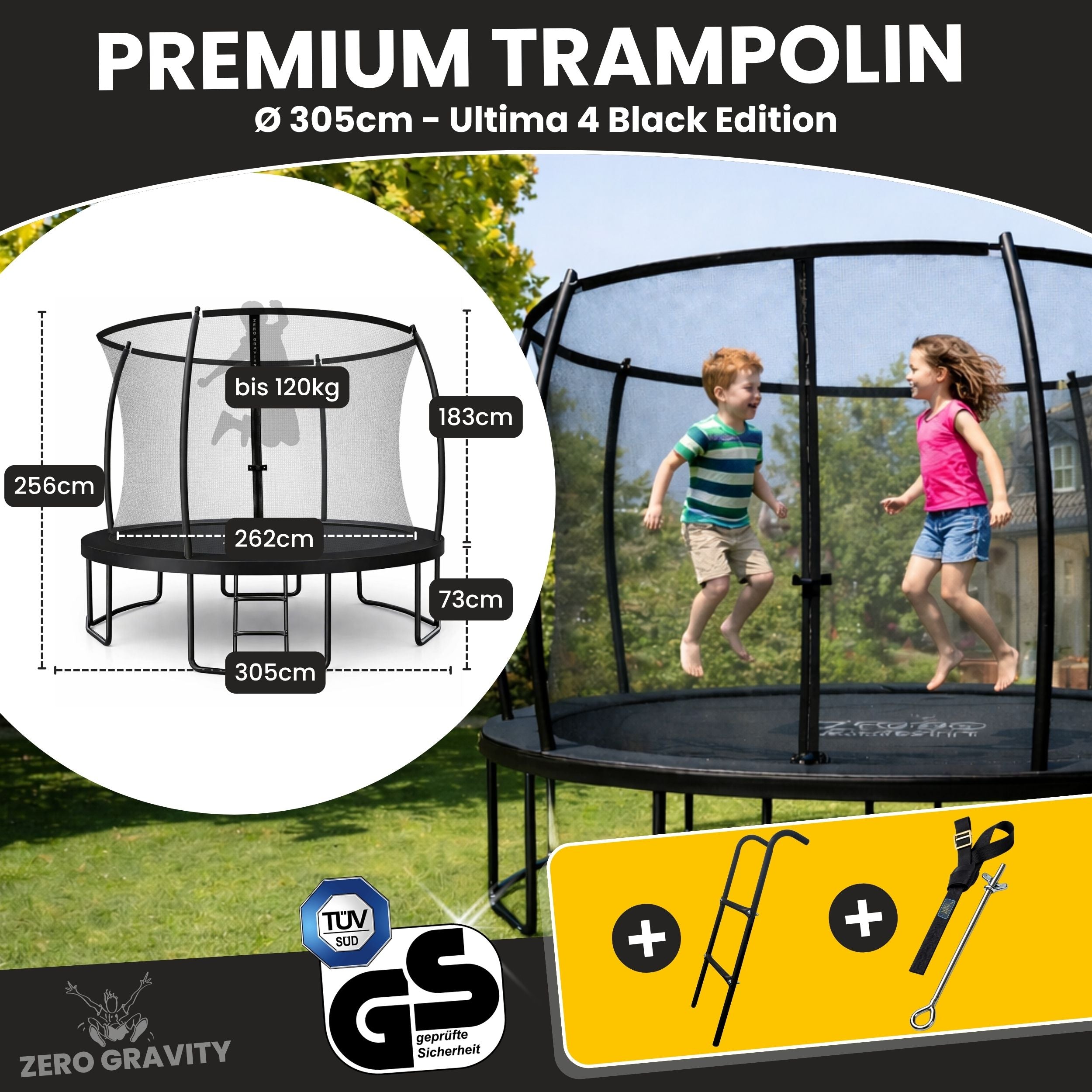 Zero Gravity Trampolin Ø 305 cm inkl. Leiter & Bodenanker - Nutzer bis 120kg