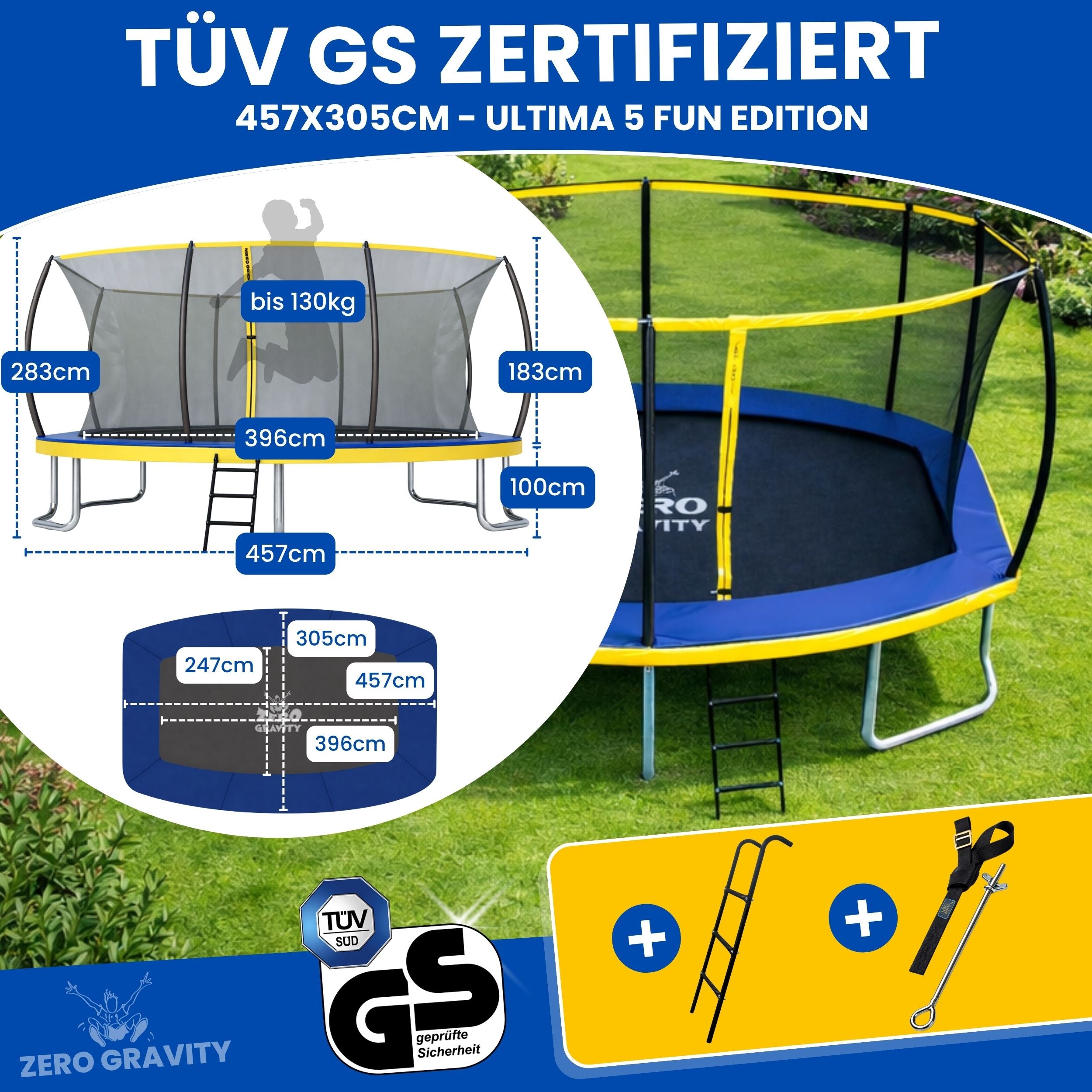 Zero Gravity Trampolin 457x305cm inkl. Leiter & Bodenanker - Nutzer bis 130kg