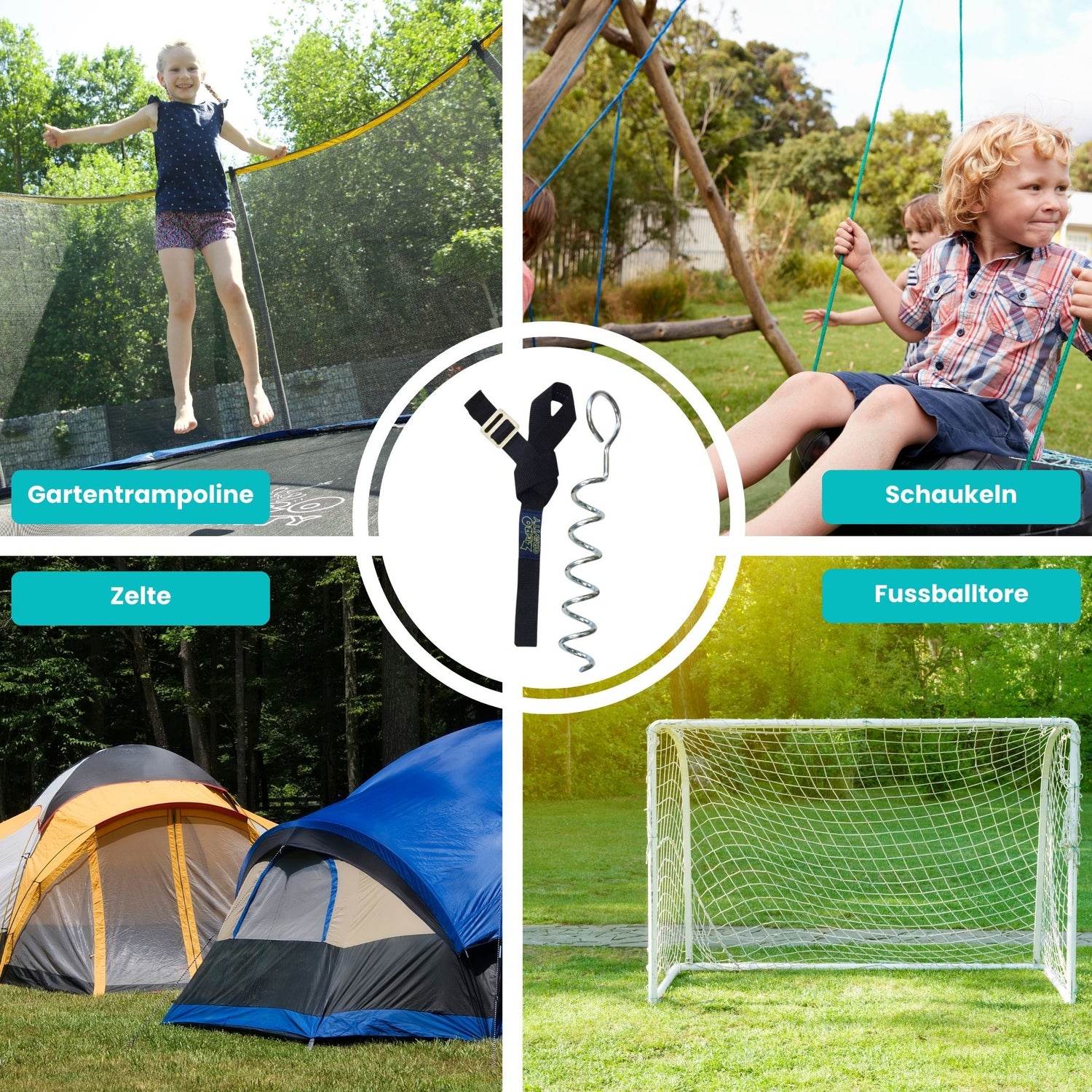 Bodenanker-Set - 4 spiralförmige Bodenanker inkl. Befestigungsgurte