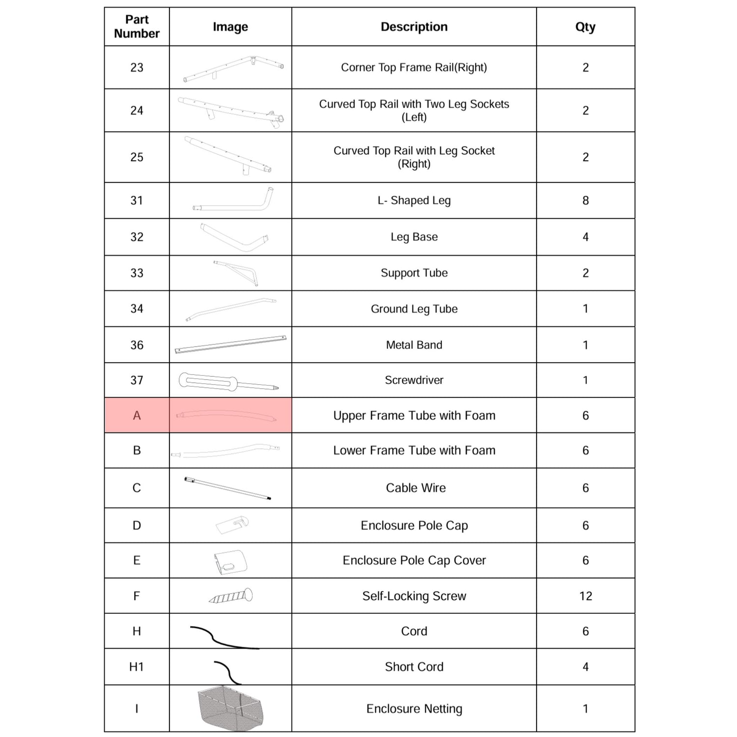 Trampolin Sicherheitsnetzstange oben (Teilenr. A) für 305x213, 366x244, 457x305cm