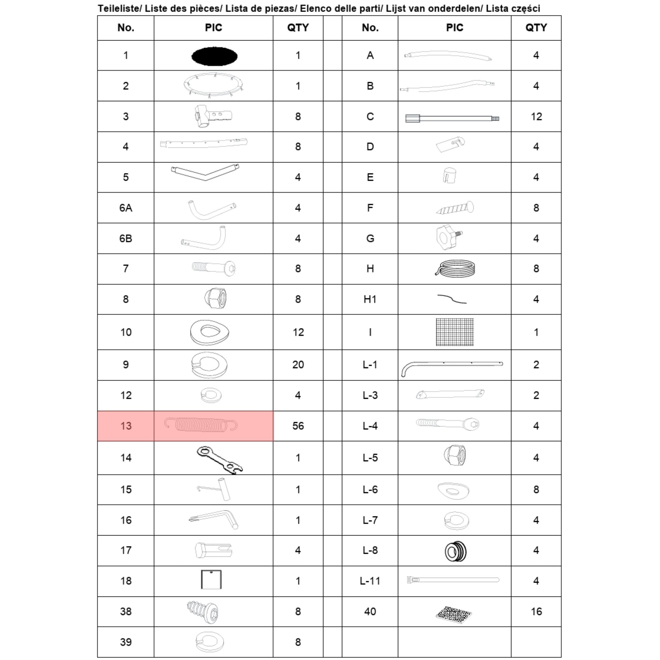 Trampolin Federn 6er Set (Teilenr. 13) für 183/244/305/366/427 cm