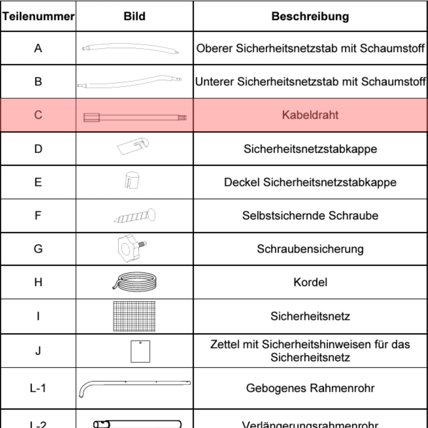 Trampolin StahlFlex-Stange (Teilenr. C) für 183, 244, 305, 366, 427 cm