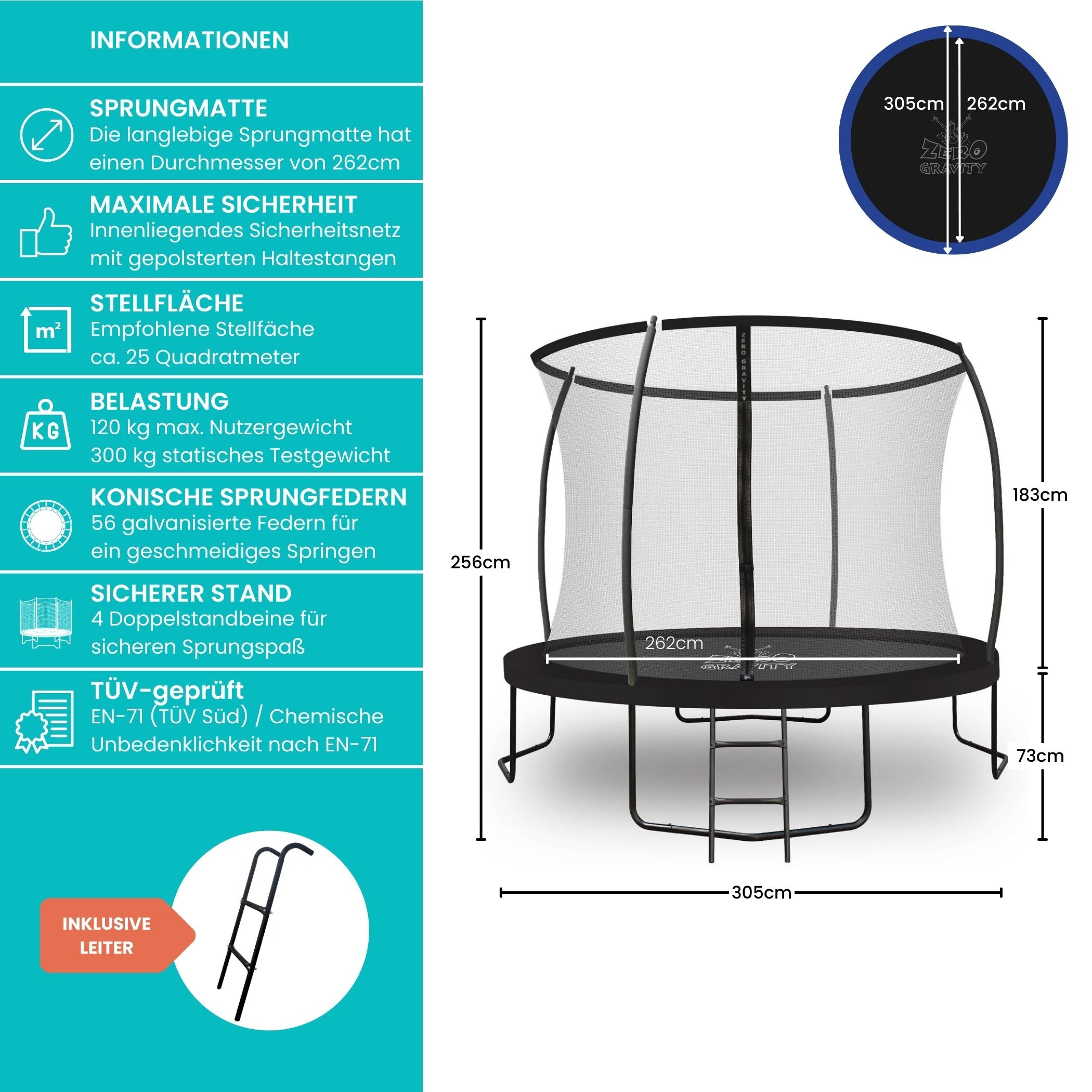 Zero Gravity Trampolin Ø 305 cm inkl. Leiter & Bodenanker-Set - Nutzer bis 120kg