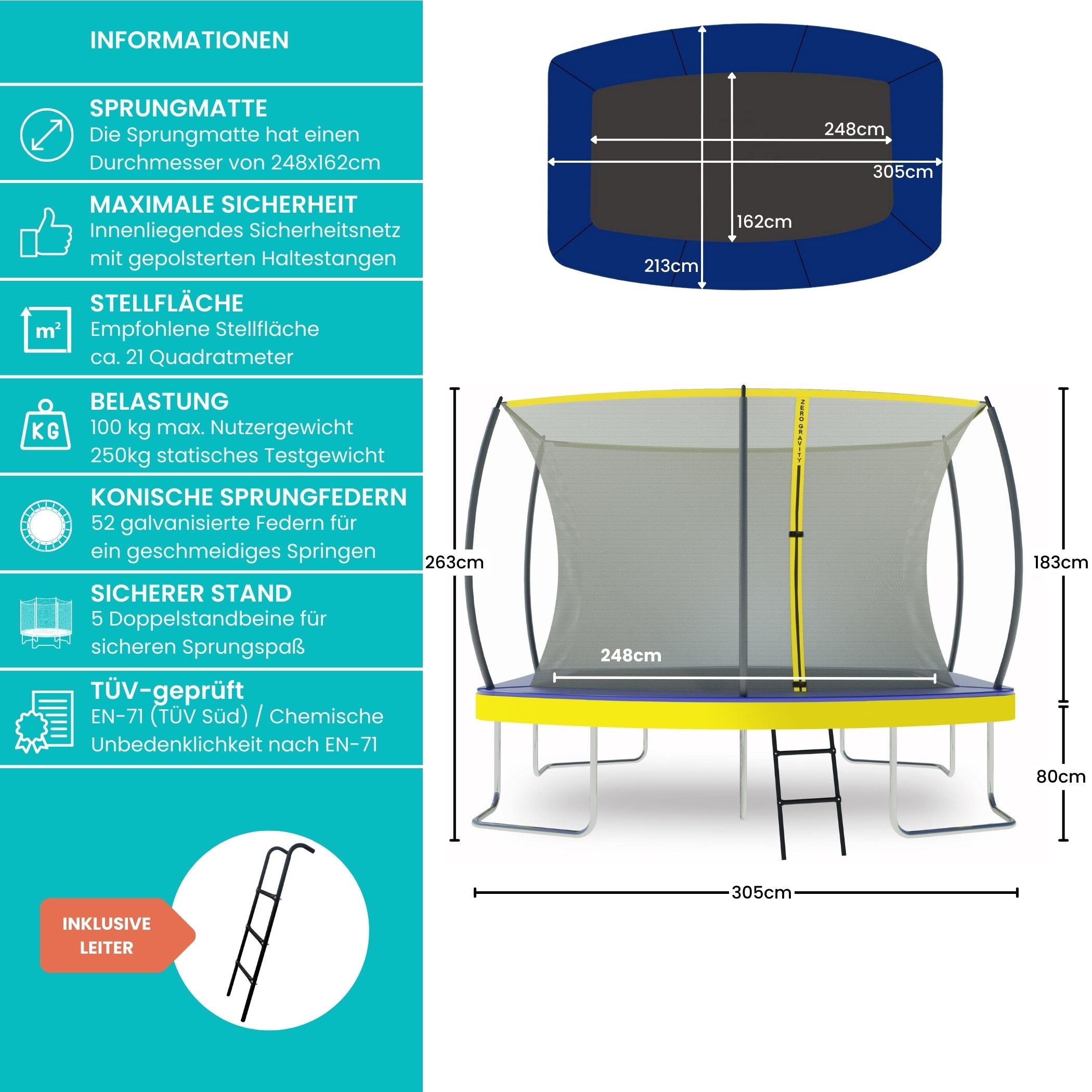 Zero Gravity Trampolin 305x213cm inkl. Leiter - Nutzer bis 100kg