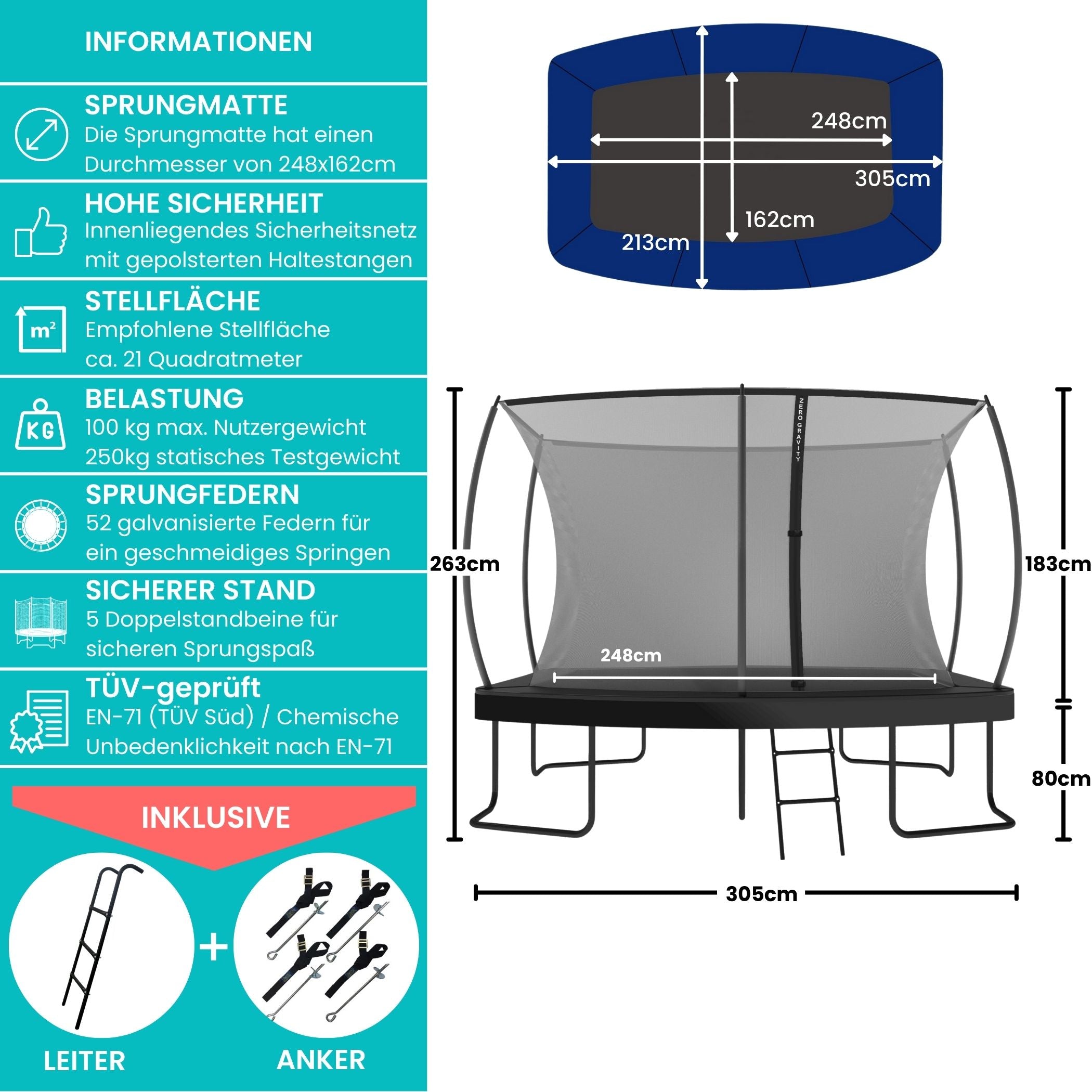Zero Gravity Trampolin 305x213cm inkl. Leiter & Bodenanker - Nutzer bis 100kg