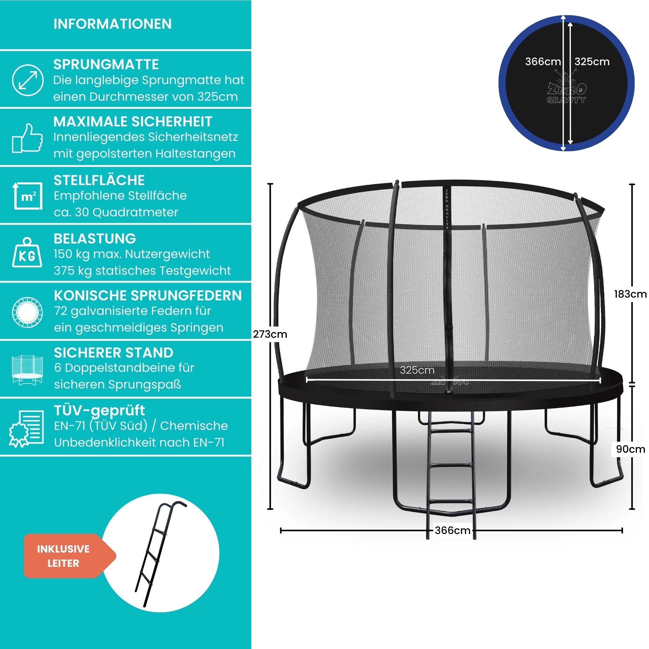 Zero Gravity Trampolin Ø 366 cm inkl. Leiter - Nutzer bis 150kg