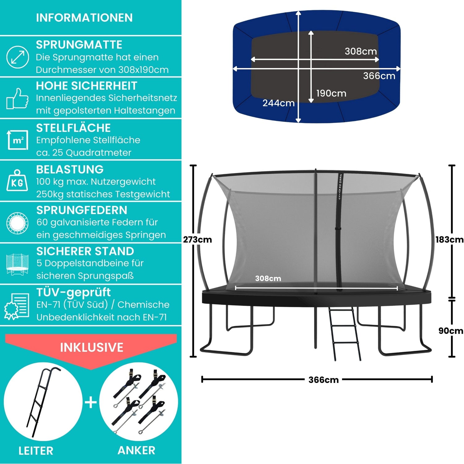 Zero Gravity Trampolin 366x244cm inkl. Leiter & Bodenanker - Nutzer bis 130kg