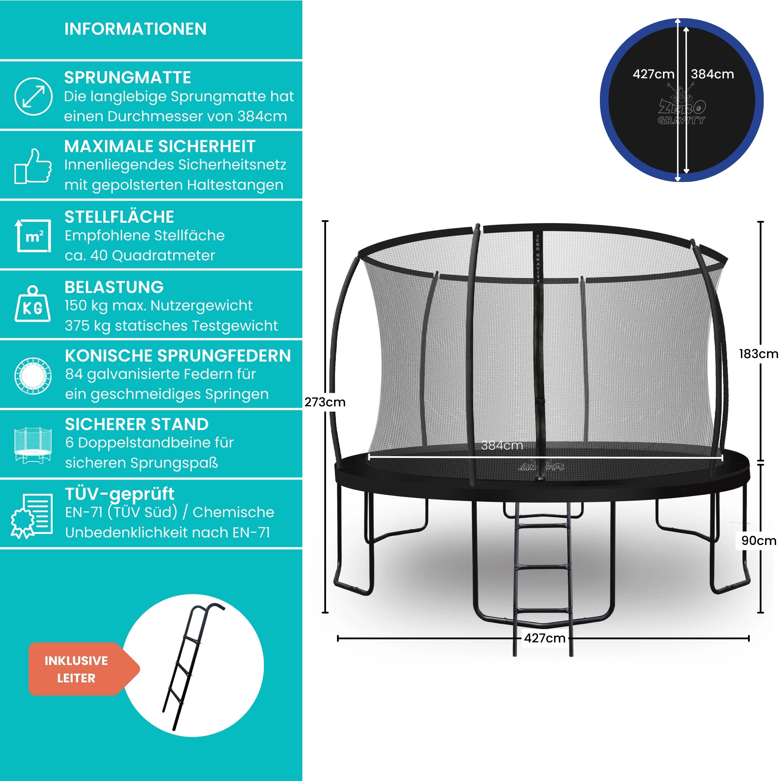 Zero Gravity Trampolin Ø 427 cm inkl. Leiter & Bodenanker-Set - Nutzer bis 150kg