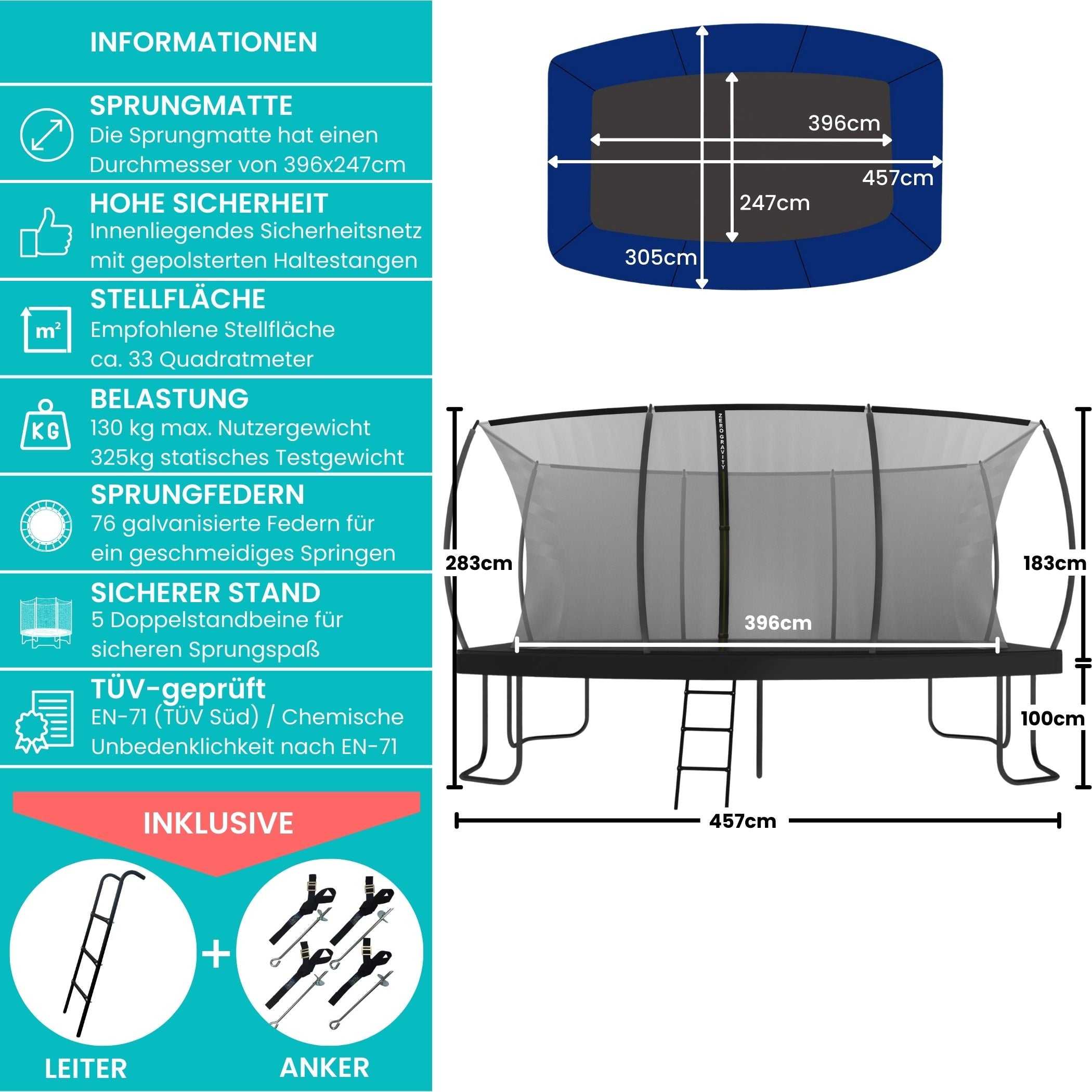 Zero Gravity Trampolin 457x305cm inkl. Leiter & Bodenanker - Nutzer bis 130kg