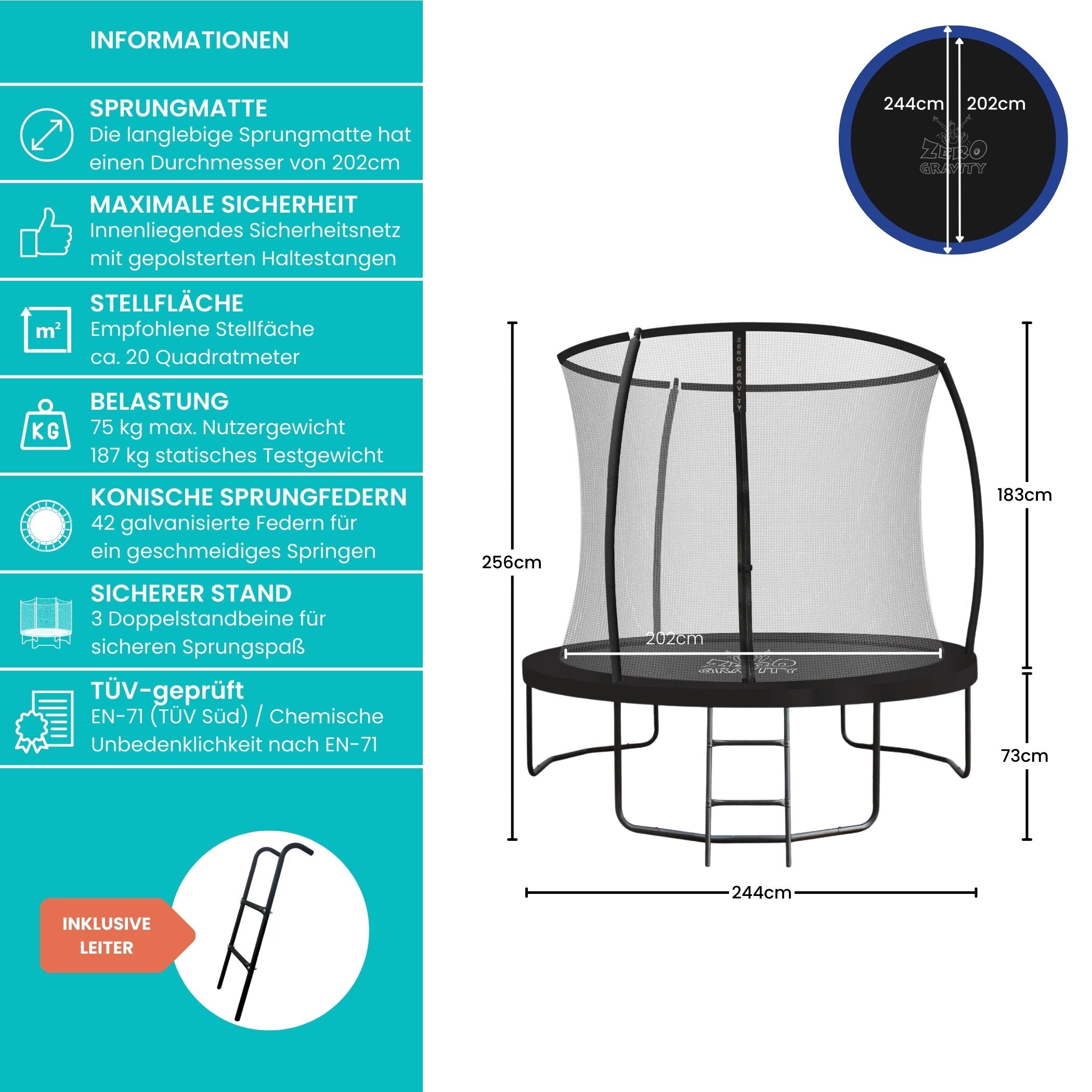 Zero Gravity Trampolin Ø 244 cm inkl. Leiter - Nutzer bis 75kg