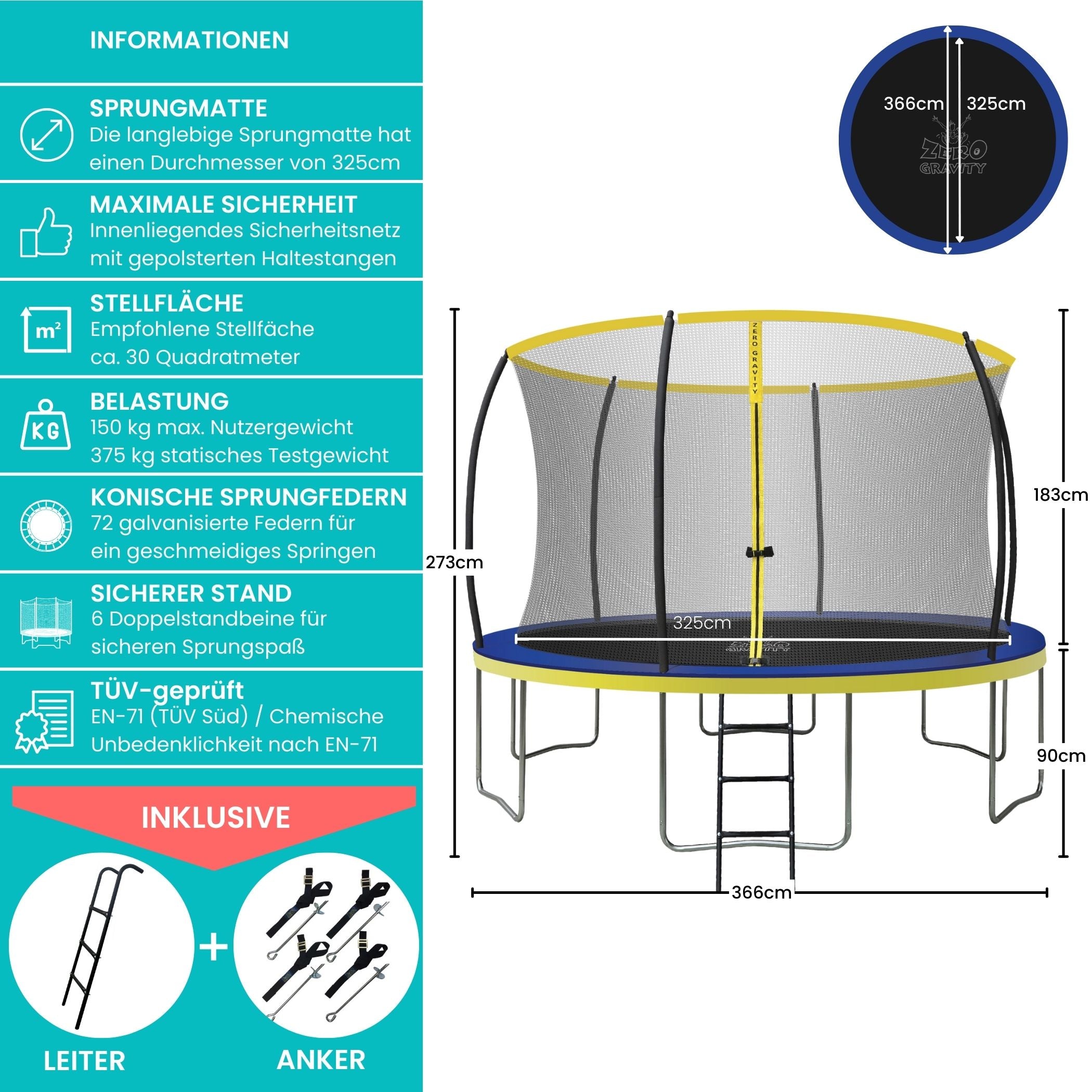 Zero Gravity Trampolin Ø 366 cm inkl. Leiter & Bodenanker - Nutzer bis 150kg