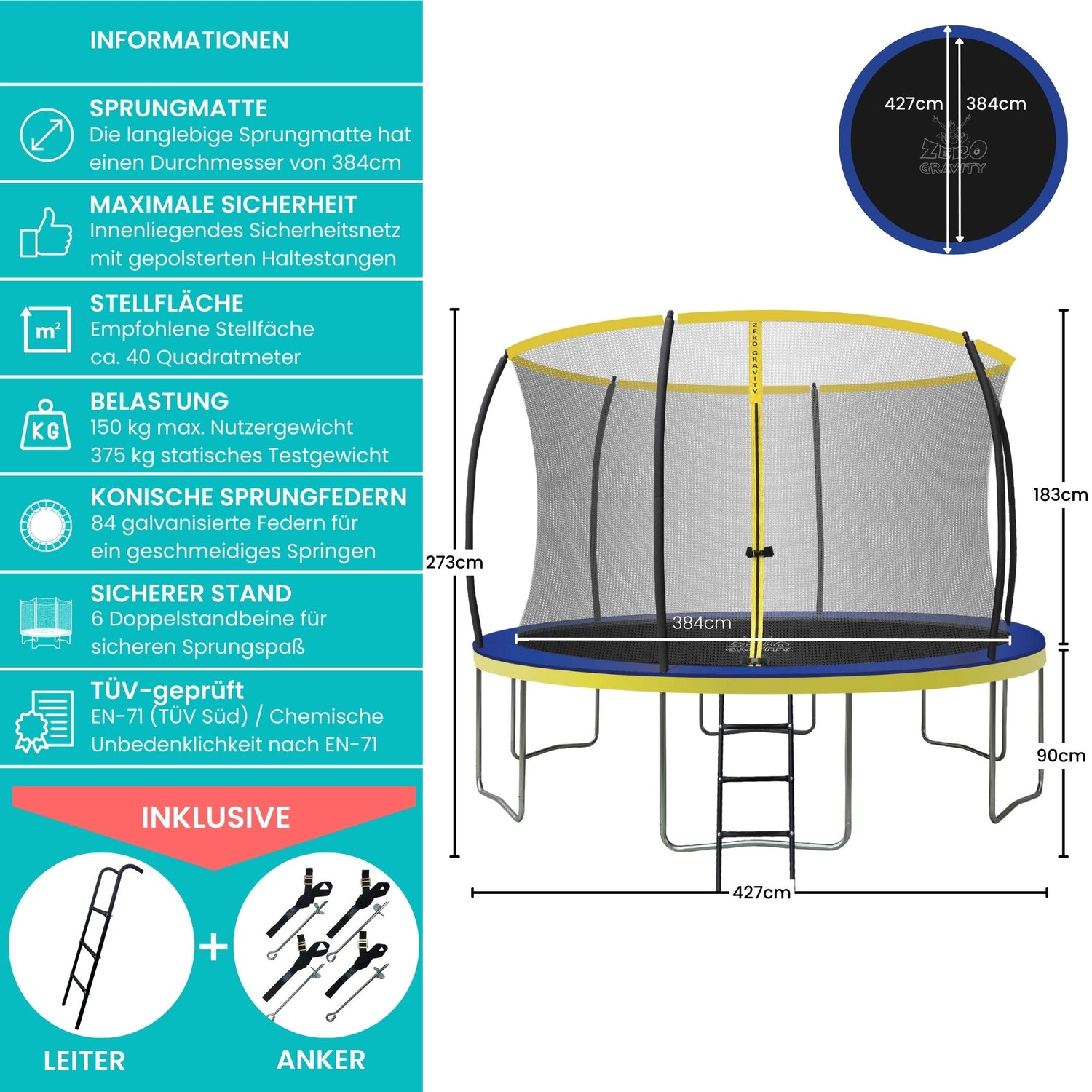 Zero Gravity Trampolin Ø 427 cm inkl. Leiter & Bodenanker - Nutzer bis 150kg
