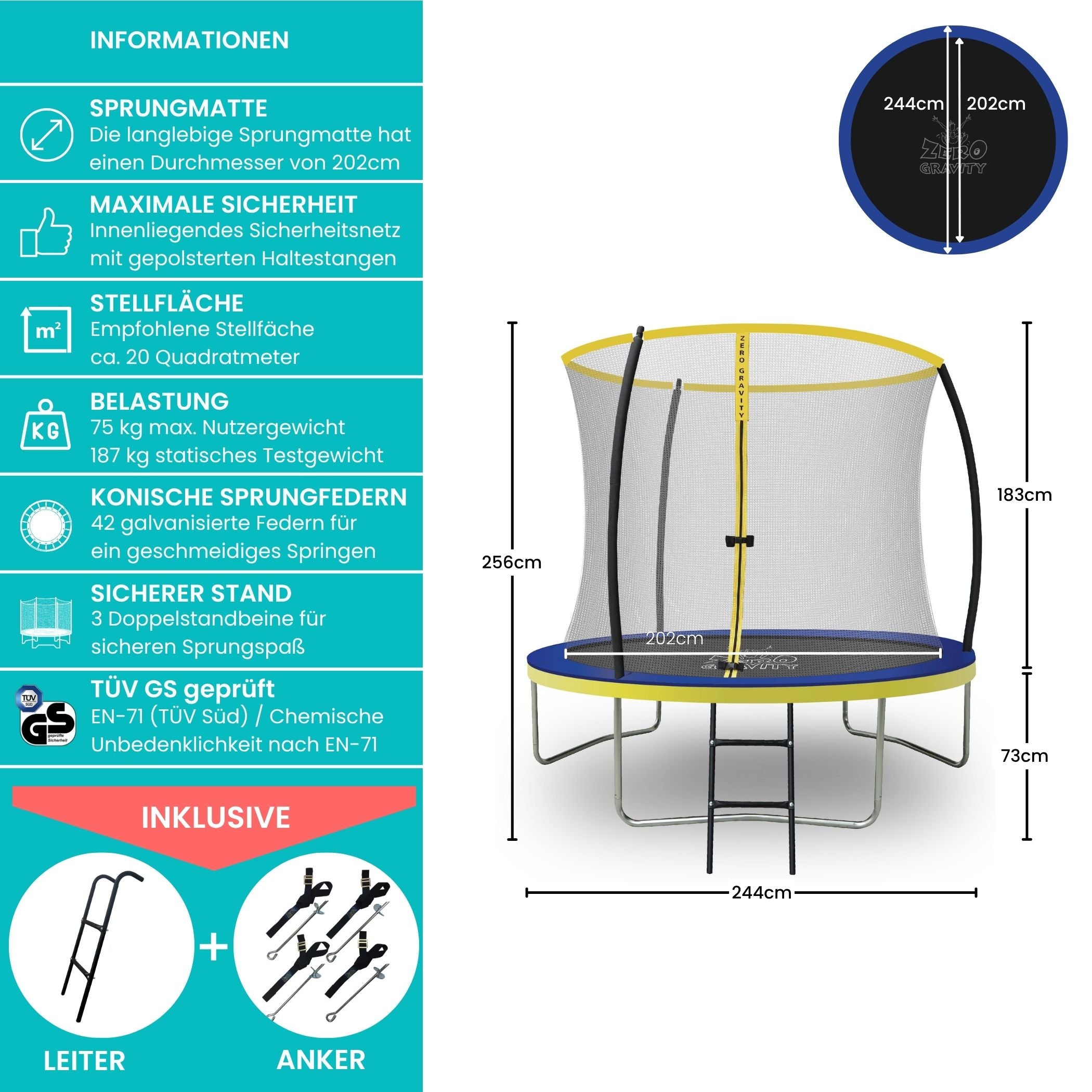 Zero Gravity Trampolin Ø 244 cm inkl. Leiter & Bodenanker-Set - Nutzer bis 75kg