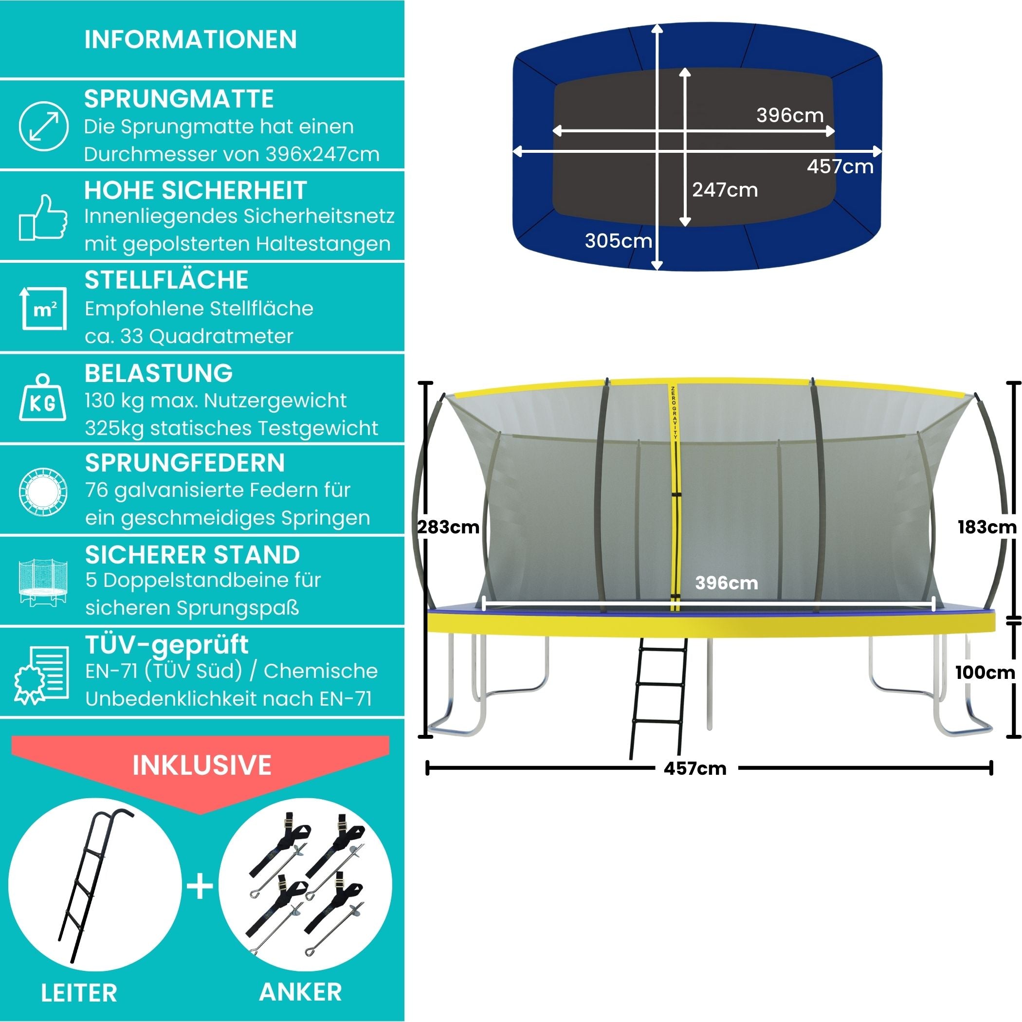 Zero Gravity Trampolin 457x305cm inkl. Leiter & Bodenanker - Nutzer bis 130kg