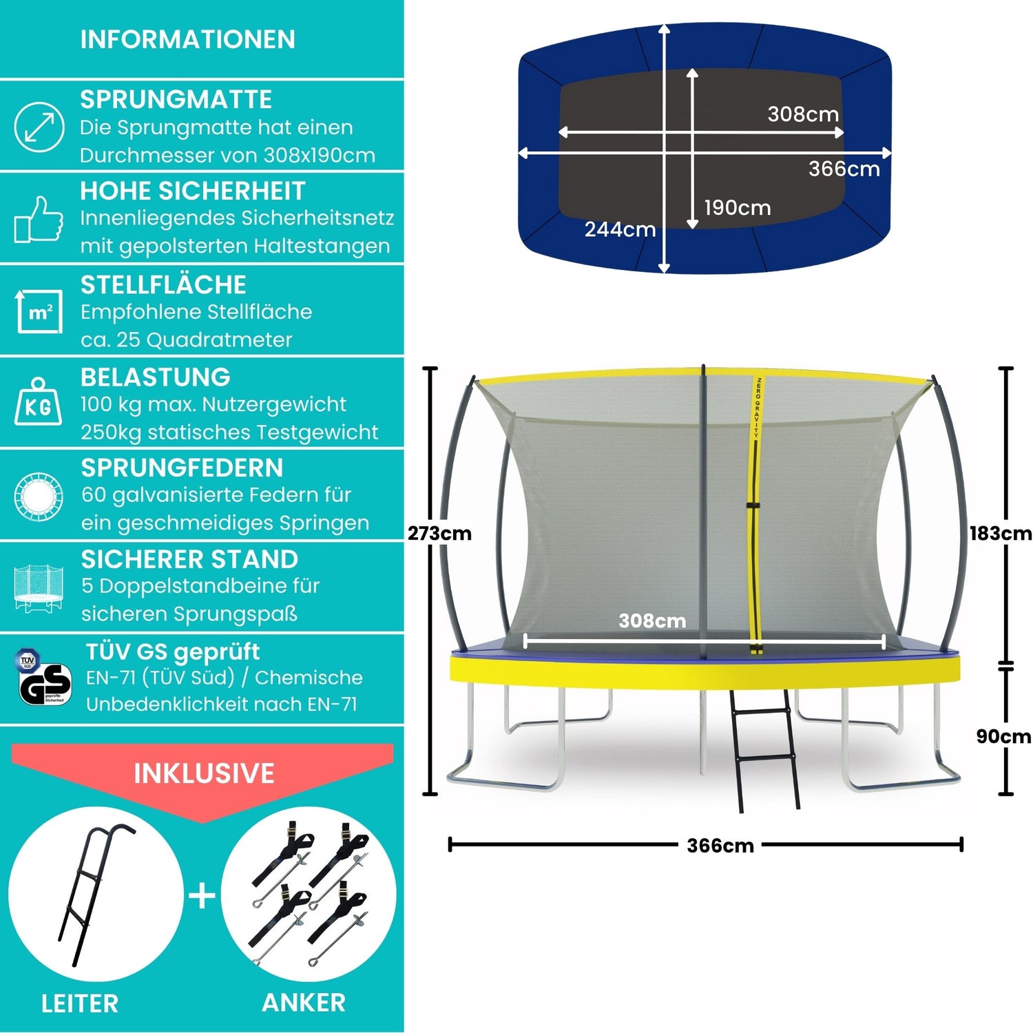 Zero Gravity Trampolin 366x244cm inkl. Leiter & Bodenanker - Nutzer bis 130kg