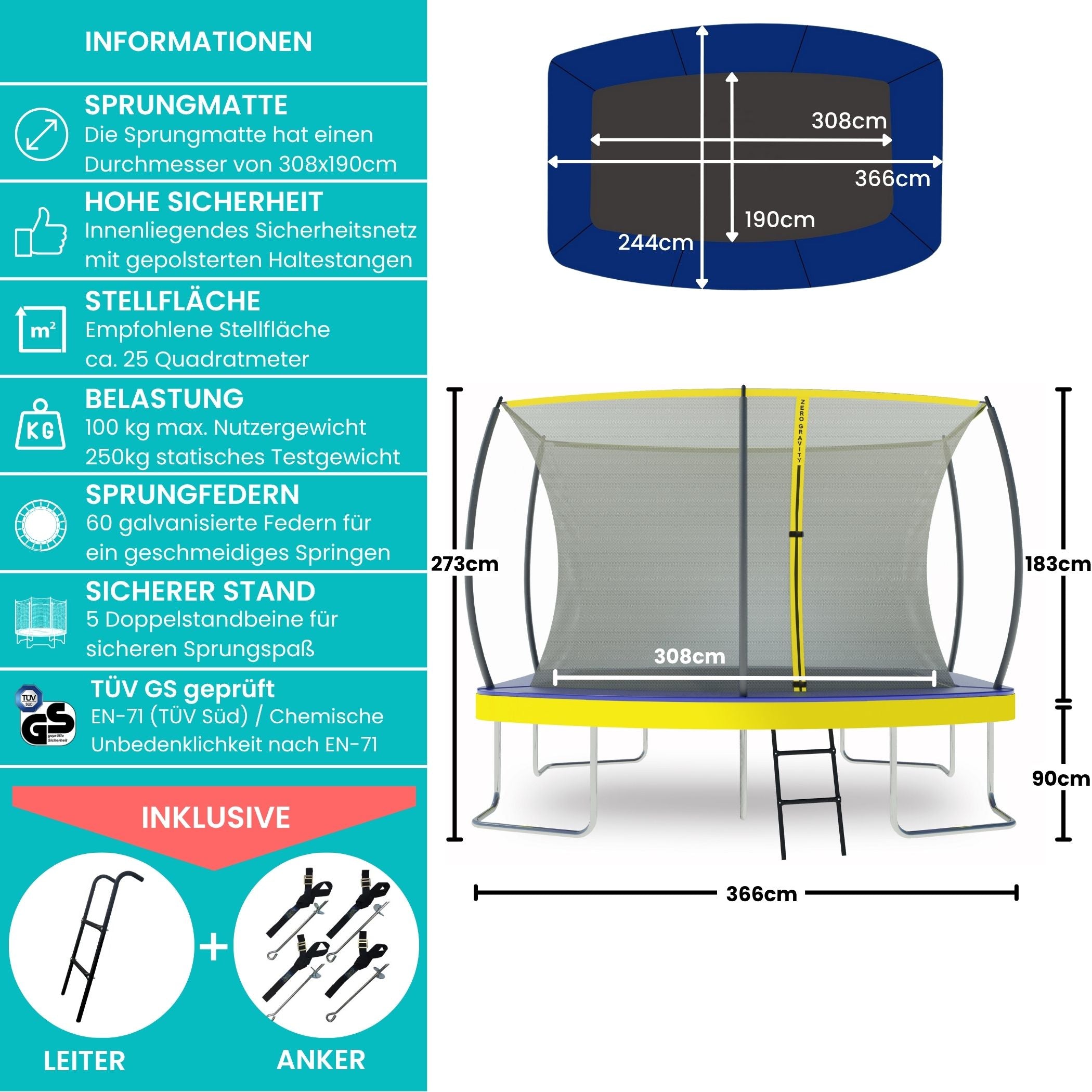 Zero Gravity Trampolin 366x244cm inkl. Leiter & Bodenanker - Nutzer bis 130kg