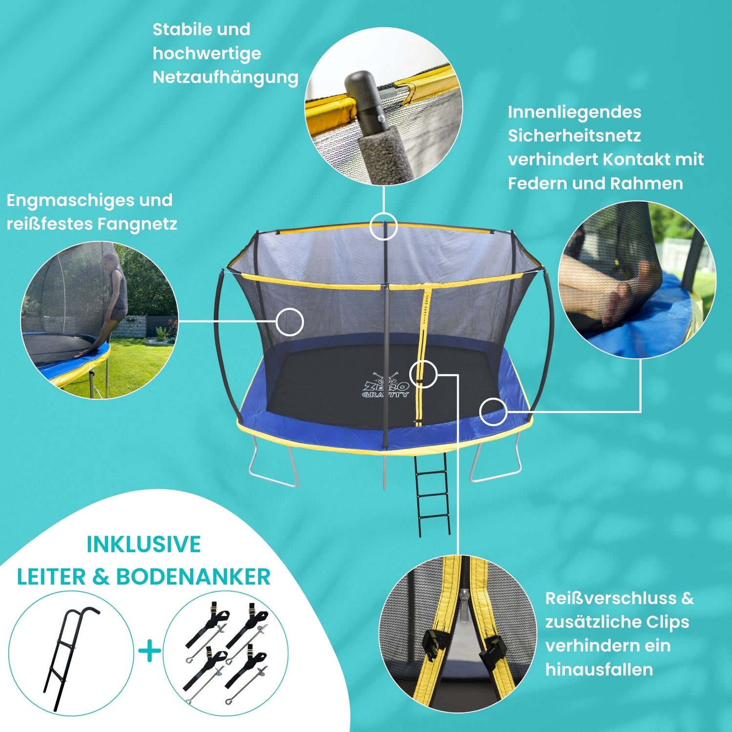 Zero Gravity Trampolin 457x305cm inkl. Leiter & Bodenanker - Nutzer bis 130kg