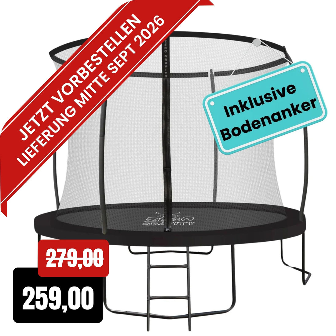 Zero Gravity Trampolin Ø 305 cm inkl. Leiter &amp; Bodenanker - Nutzer bis 120kg