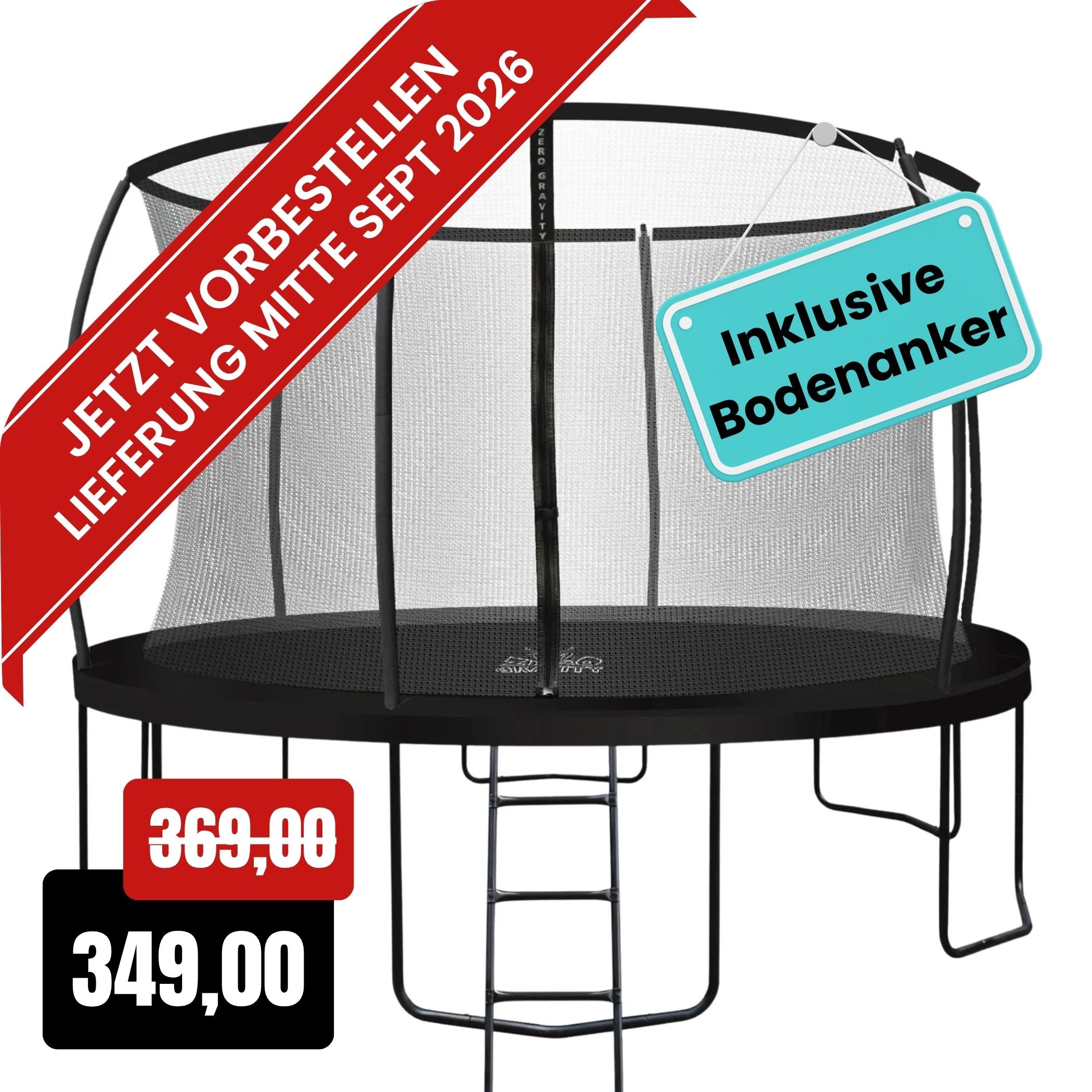 Zero Gravity Trampolin Ø 366 cm inkl. Leiter &amp; Bodenanker - Nutzer bis 150kg