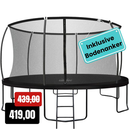 Zero Gravity Trampolin Ø 427 cm inkl. Leiter &amp; Bodenanker - Nutzer bis 150kg
