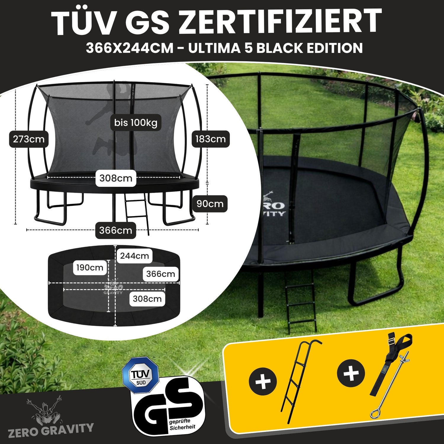 Zero Gravity Trampolin 366x244cm inkl. Leiter &amp; Bodenanker - Nutzer bis 130kg