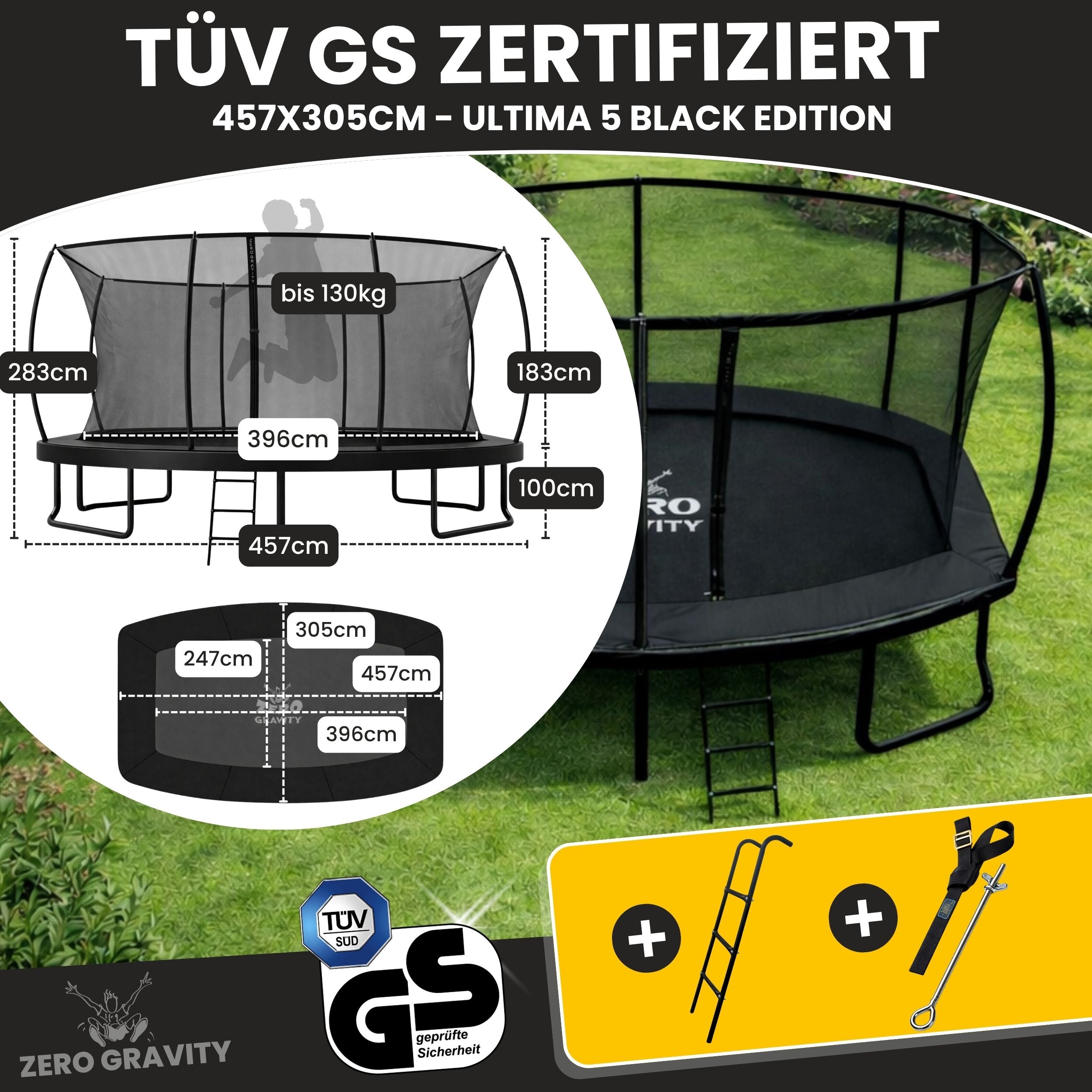 Zero Gravity Trampolin 457x305cm inkl. Leiter &amp; Bodenanker - Nutzer bis 130kg