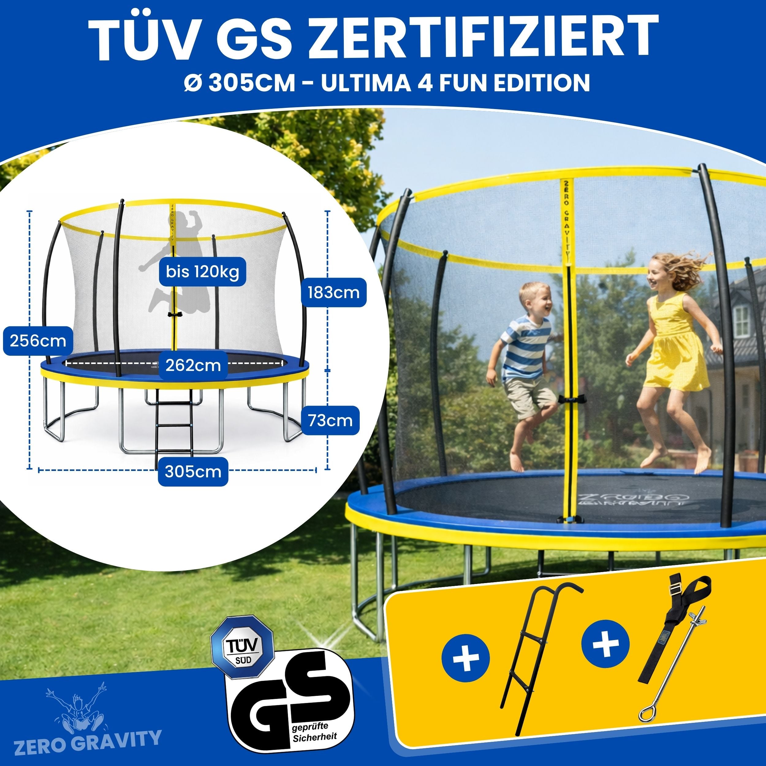 Zero Gravity Trampolin Ø 305 cm inkl. Leiter &amp; Bodenanker - Nutzer bis 120kg