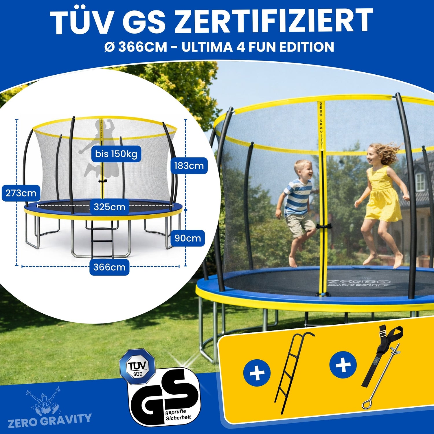Zero Gravity Trampolin Ø 366 cm inkl. Leiter &amp; Bodenanker - Nutzer bis 150kg