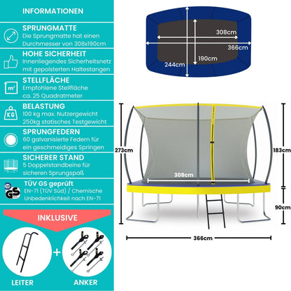 Zero Gravity Trampolin 366x244cm inkl. Leiter &amp; Bodenanker - bis 130kg