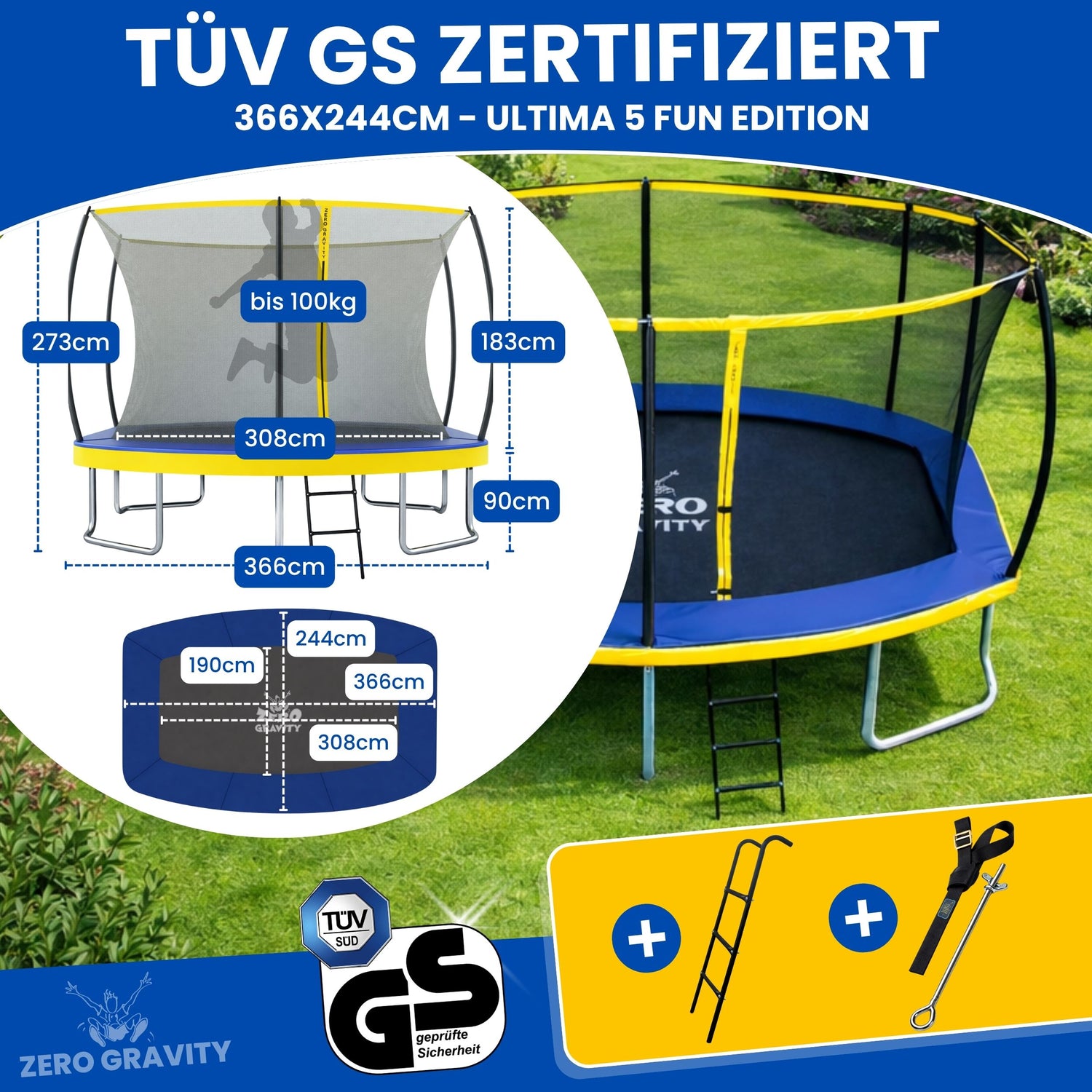 Zero Gravity Trampolin 366x244cm inkl. Leiter &amp; Bodenanker - bis 130kg
