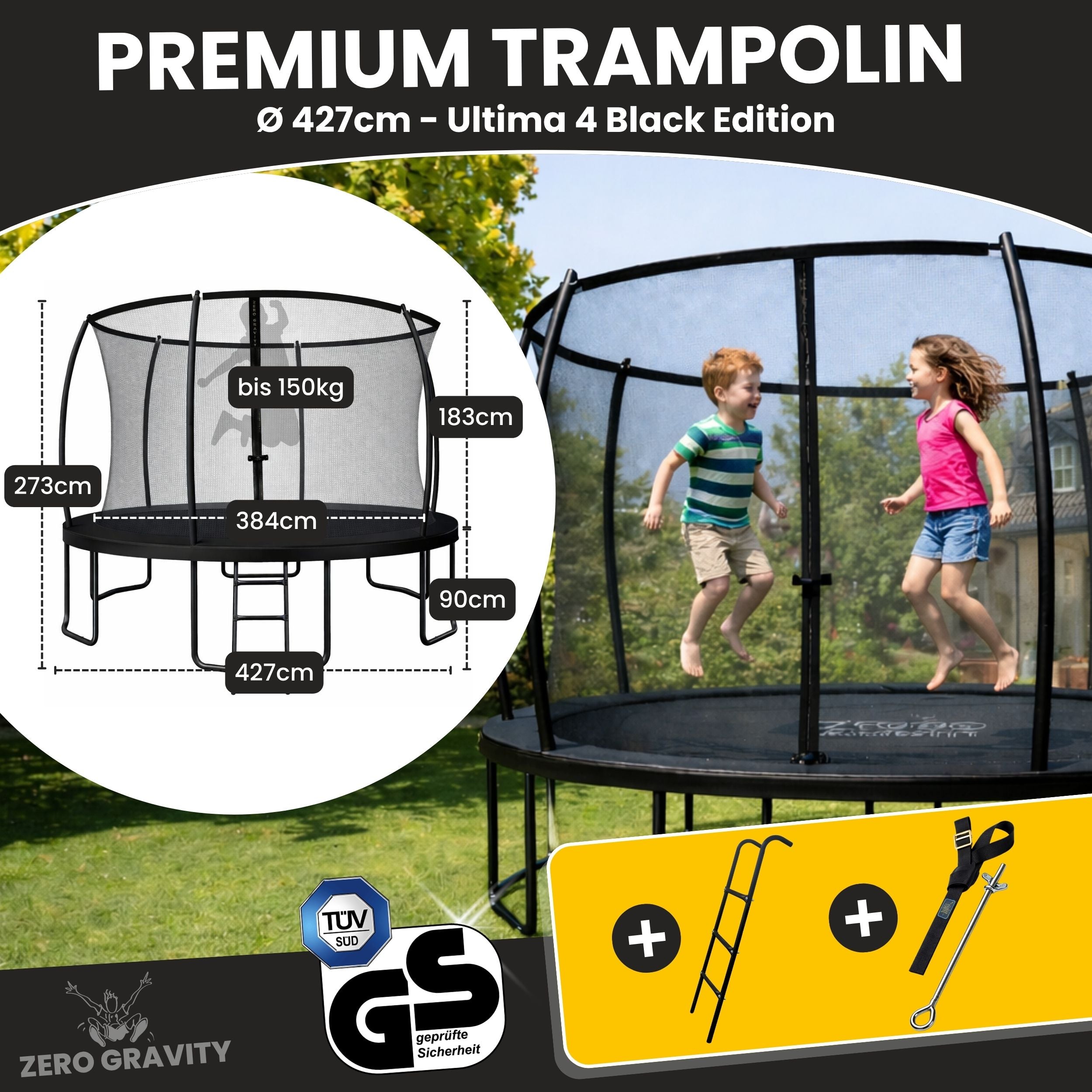 Zero Gravity Trampolin Ø 427 cm inkl. Leiter &amp; Bodenanker - Nutzer bis 150kg