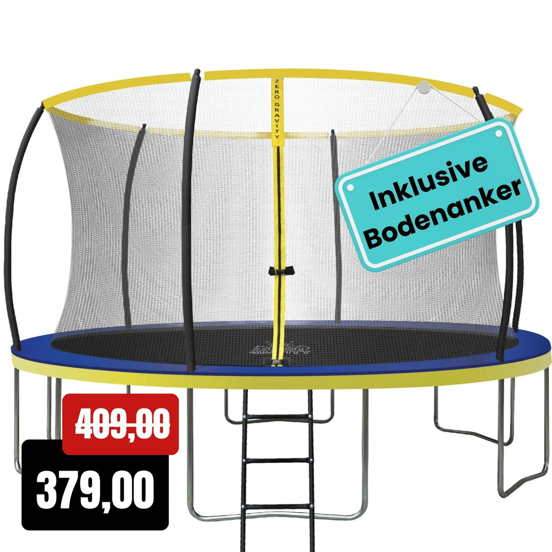 Zero Gravity Trampolin Ø 427 cm inkl. Leiter &amp; Bodenanker - Nutzer bis 150kg
