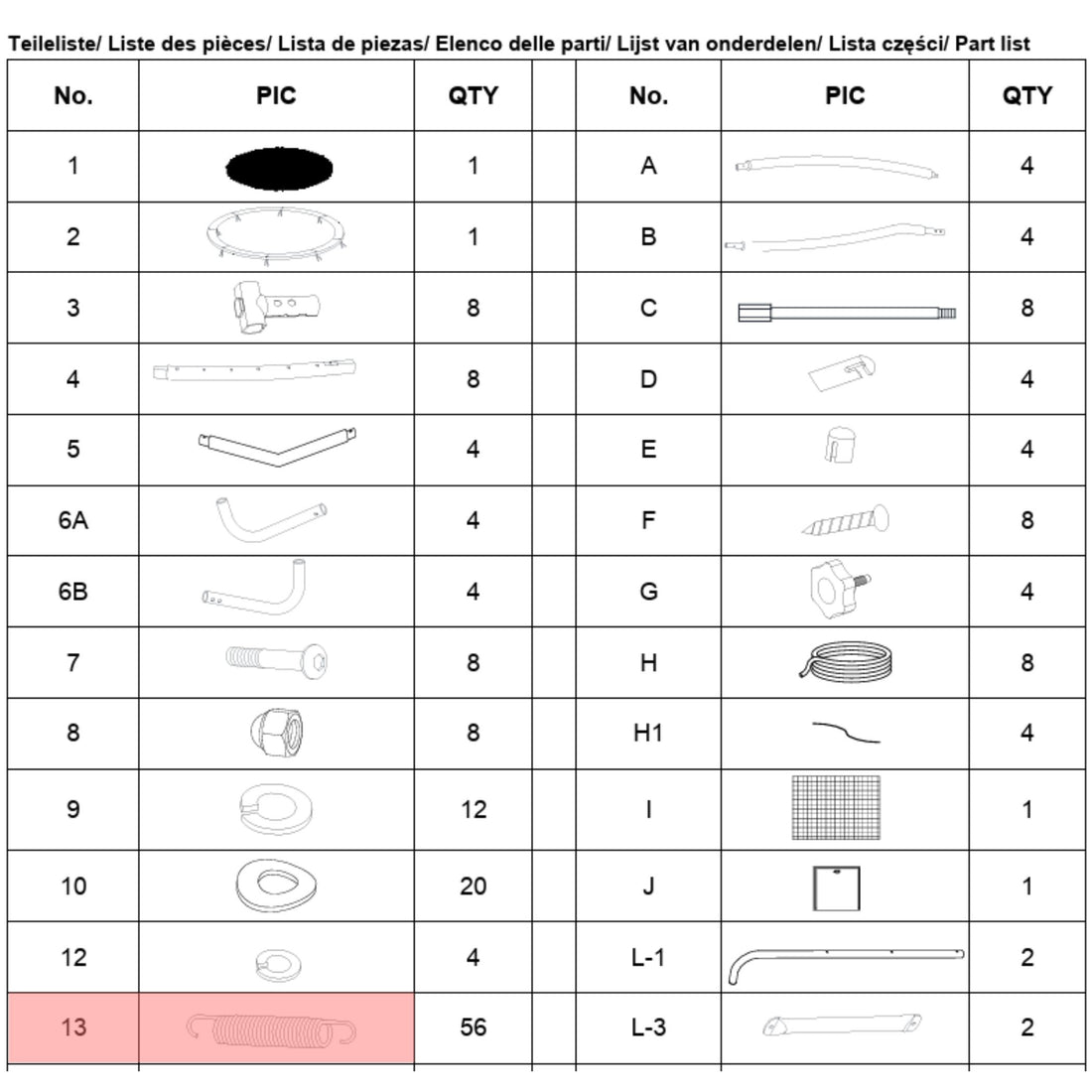Trampolin Federn 6er Set (Teilenr. 13) für 183/244/305/366/427 cm