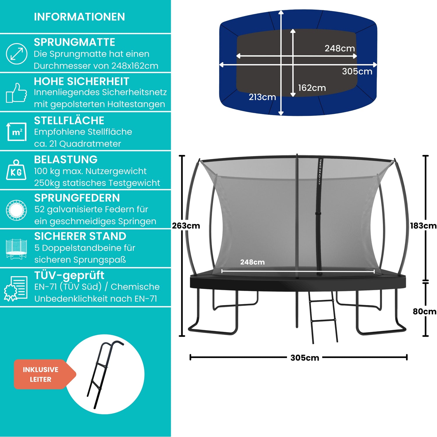 Zero Gravity Trampolin 305x213cm inkl. Leiter &amp; Bodenanker - Nutzer bis 100kg - Ultima 5 Black Edition