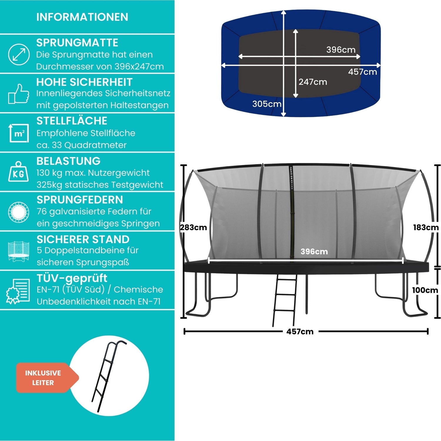 Zero Gravity Trampolin 457x305cm inkl. Leiter &amp; Bodenanker - Nutzer bis 130kg - Ultima 5 Black Edition